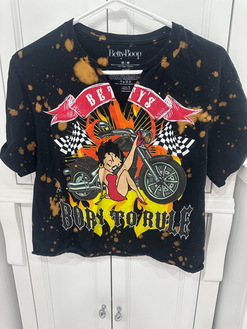 Betty Boop Black Crop Tee with Red, Yellow & Orange Graphic